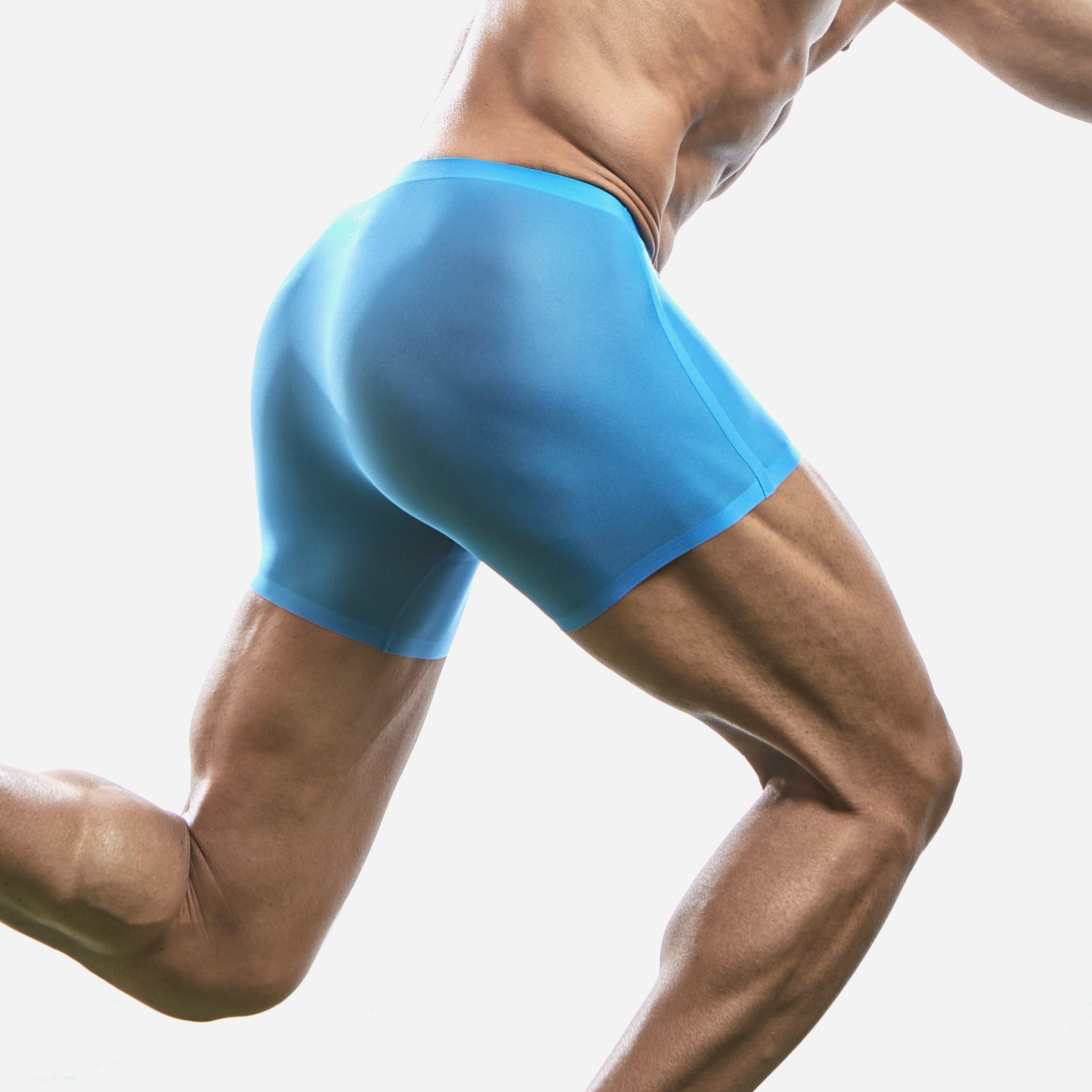 Back view of a man wearing a blue boxer brief underwear designed to fit snugly and has a sleek look