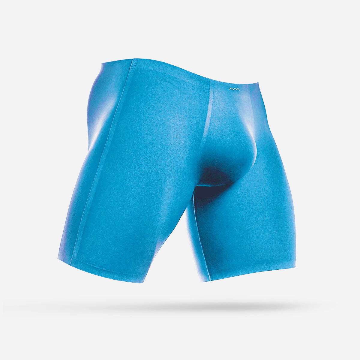 A pair of blue long boxer briefs against a white background