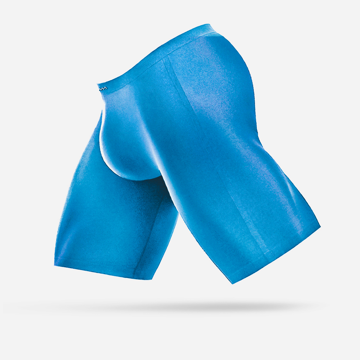 A pair of blue long boxer briefs isolated on a white background