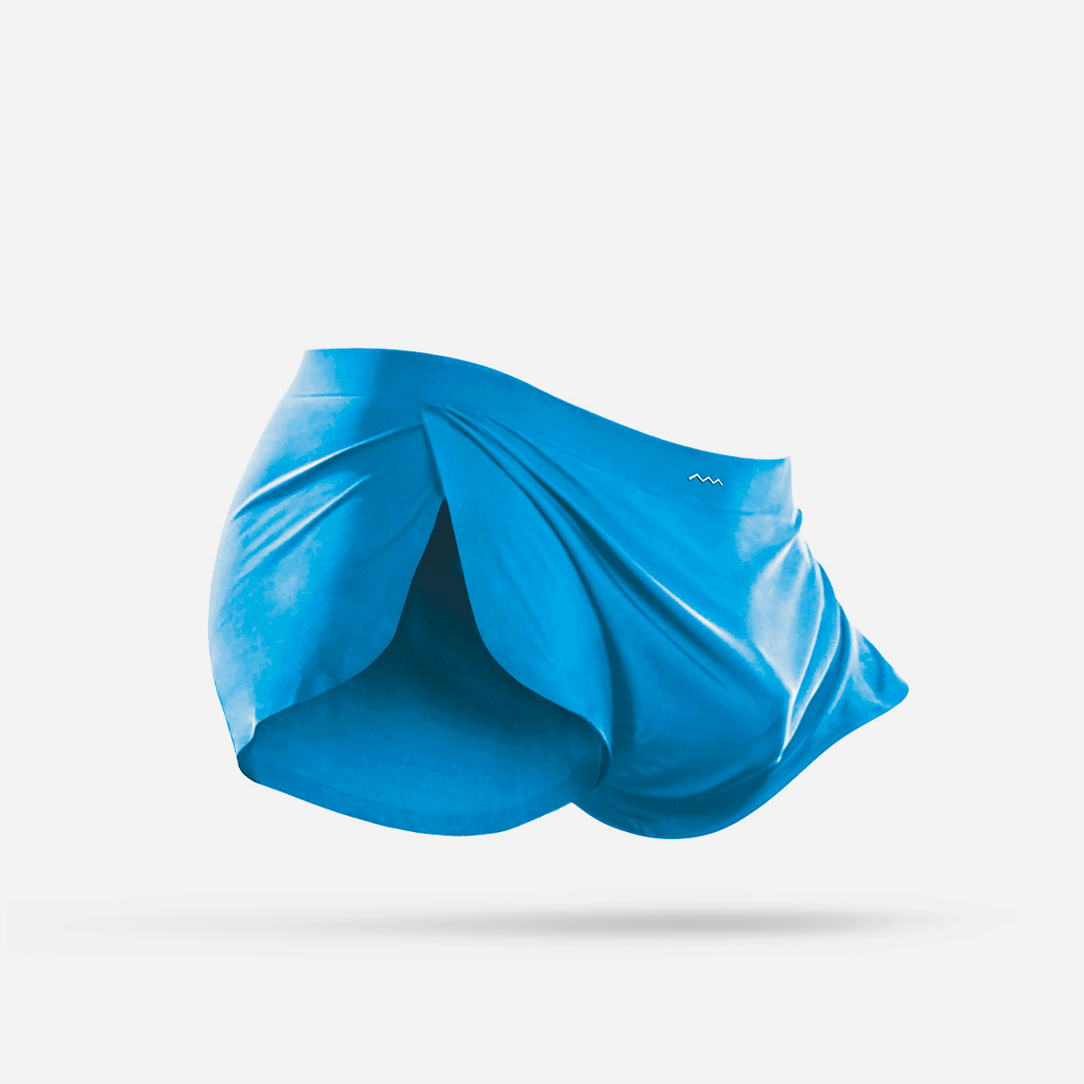 A blue pair of men's briefs against a white background, designed with vertical scalloping and a patented gusset